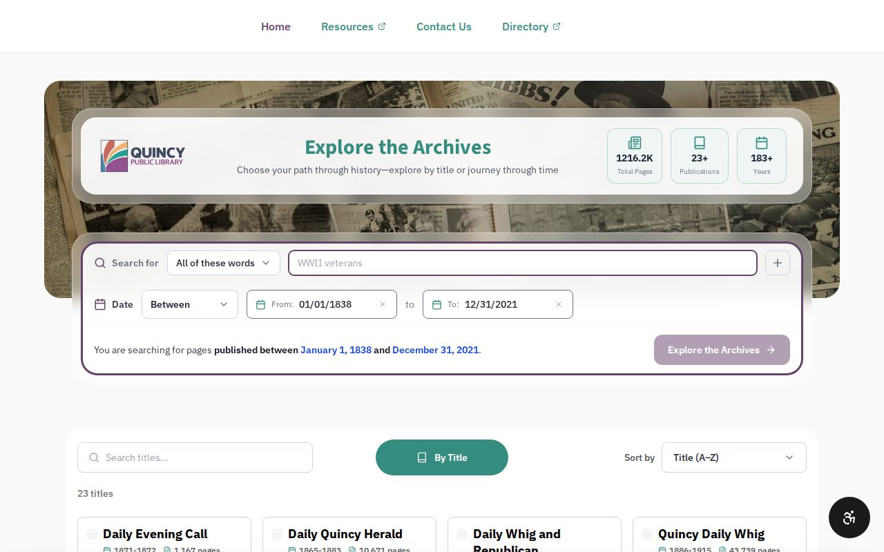 Quincy Public Library digital historical newspaper archive search page