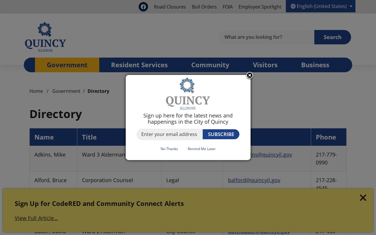 Quincy residents directory municipal staff contacts