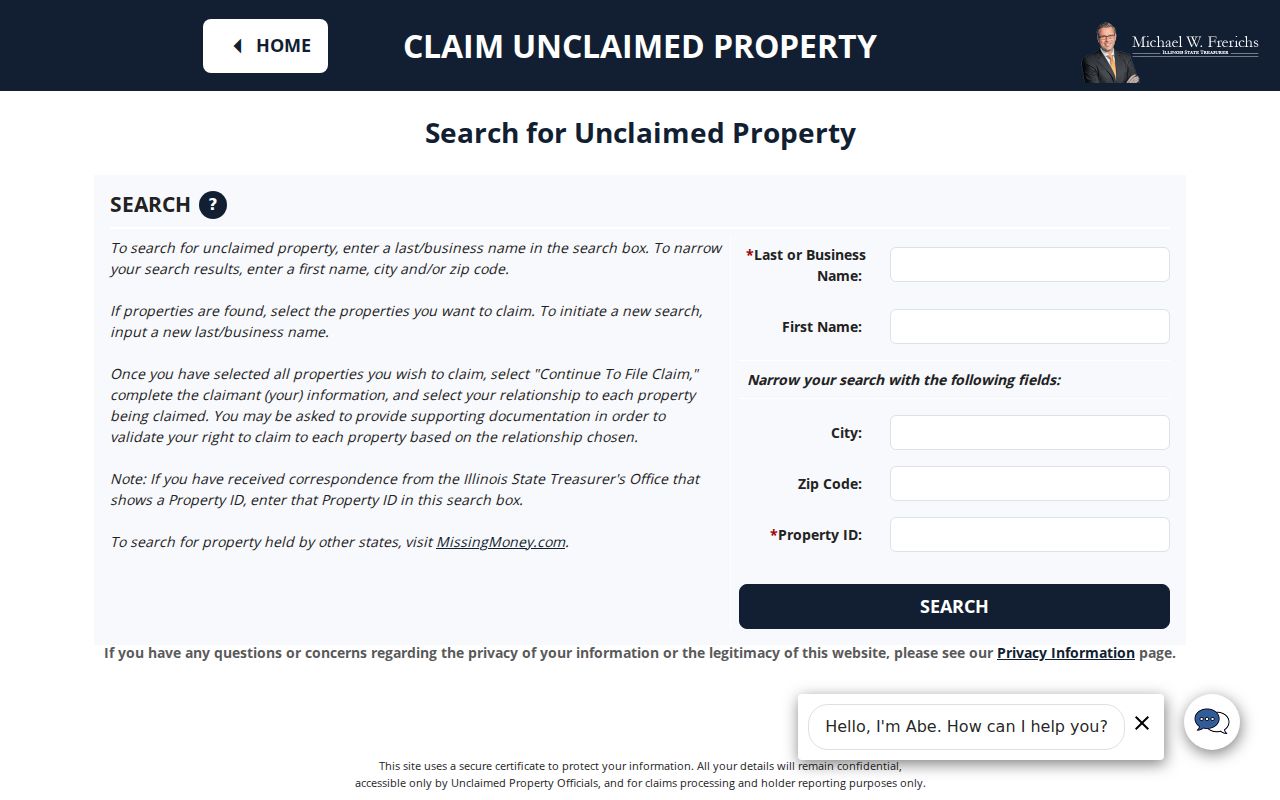 Illinois I-CASH search fields for Quincy resident and heir research